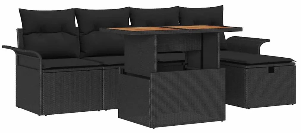Conjunto de Sofá de Jardim com 6 Peças e Almofadas de Ratan Preto
