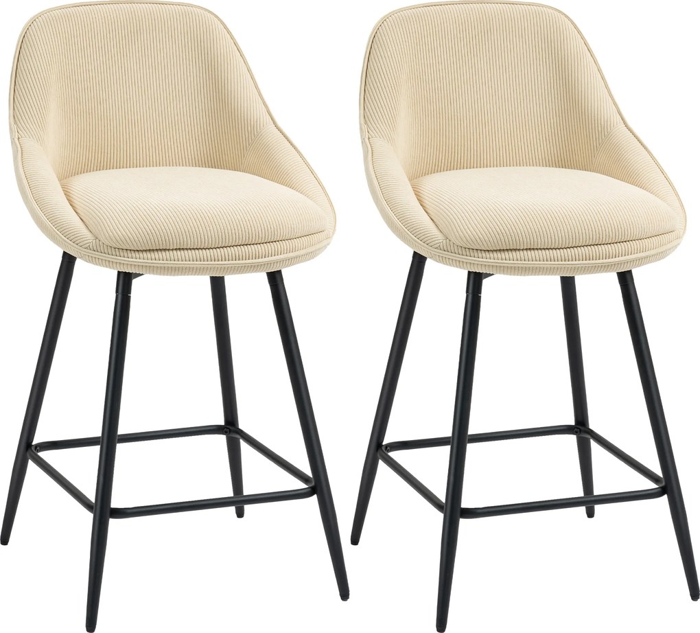 HOMCOM Conjunto de 2 bancos de bar em tecido veludo cotelê, cadeiras de bar com encosto curvo, apoio para os pés, 49x52x88cm, beige | Aosom Portugal