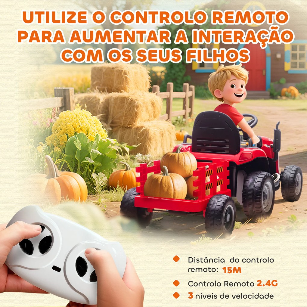 Trator Elétrico para Crianças com Reboque Desmontável Bateria 12V Velocidade 3-5 km/h Controle Remoto 2,4G 139x58x55 cm Vermelho