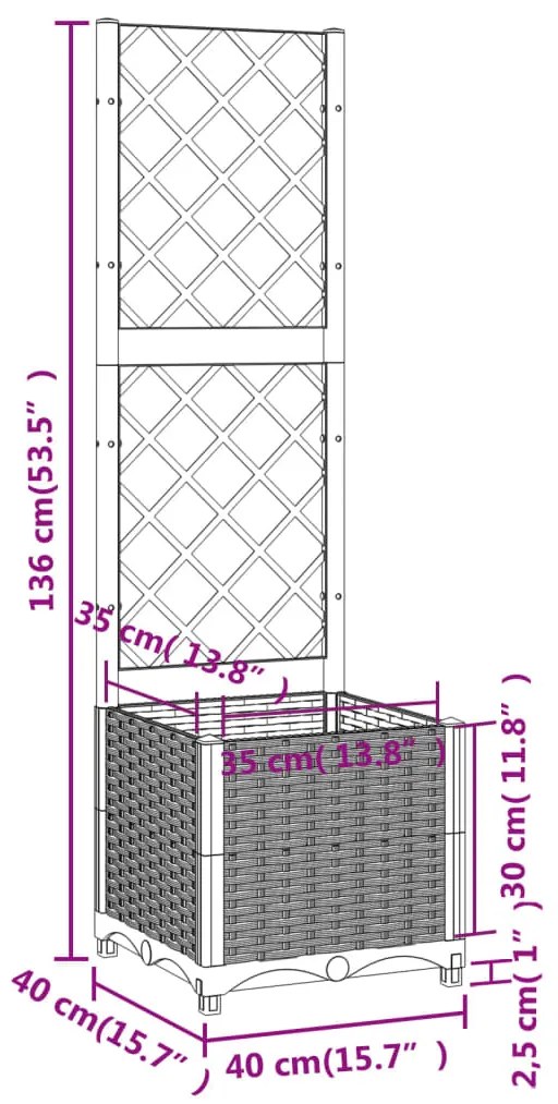 Vaso/floreira jardim c/ treliça 40x40x136 cm PP cinzento-claro