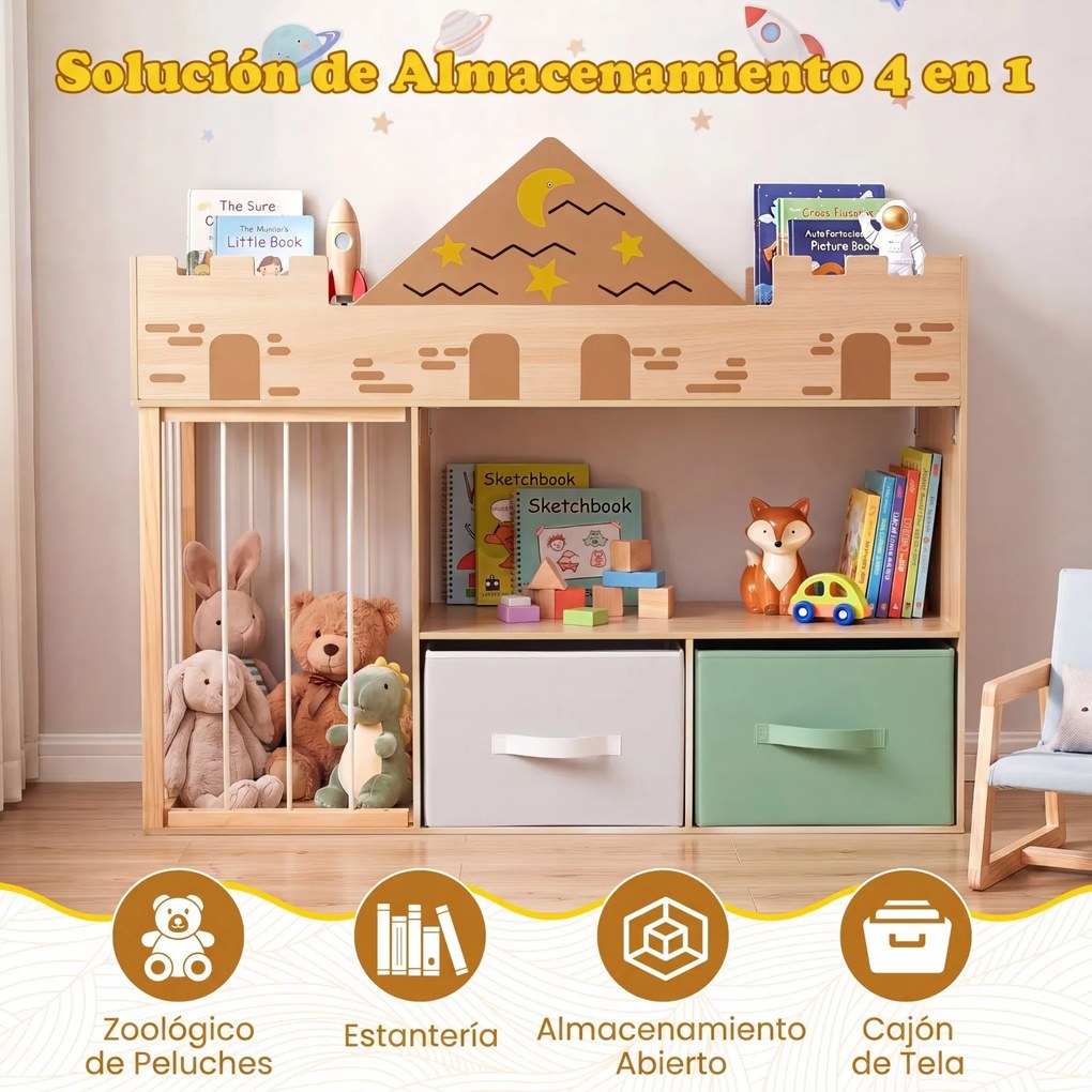 Estante Infantil em Forma de Castelo, 111 x 40 x 92 cm, Arrumação para Livros e Brinquedos, Natural