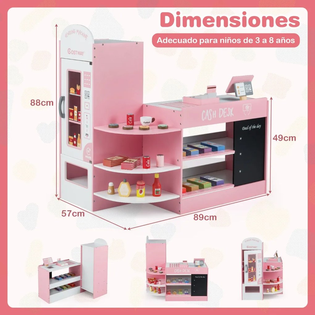 Supermercado infantil de madeira de supermercado com caixa registradora Máquina POS Vending para crianças de 3 a 8 anos Rosa