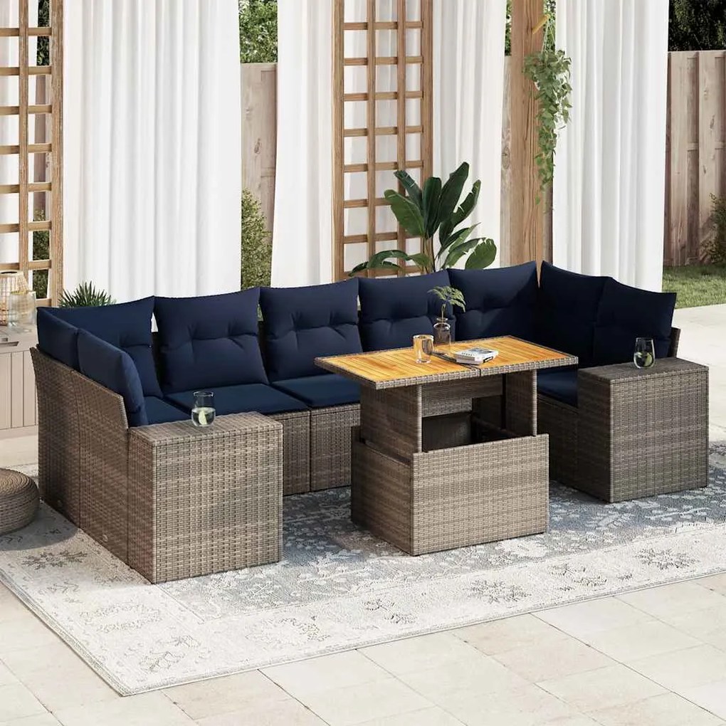 8 pcs conjunto sofás de jardim c/ almofadões vime PE cinzento