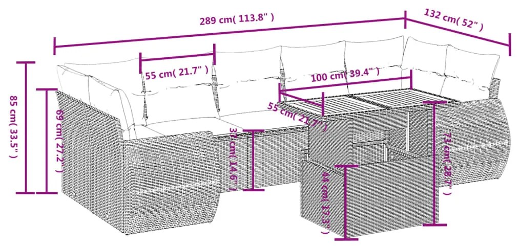 8 pcs conjunto de sofás p/ jardim com almofadões vime PE bege