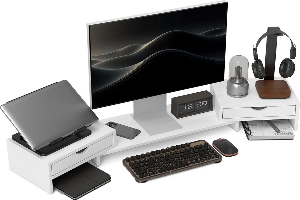 Suporte elevatório para monitor de computador de secretária, 60-116 C x 22 L x 12 A cm, com 2 gavetas, comprimento e ângulo ajustáveis branco