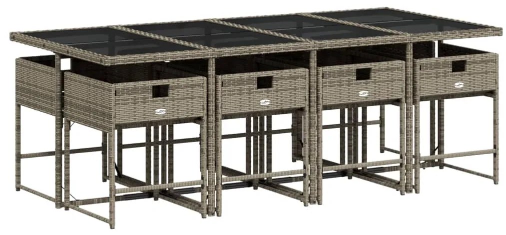 9 pcs conjunto de jantar p/ jardim c/ almofadões vime PE cinza