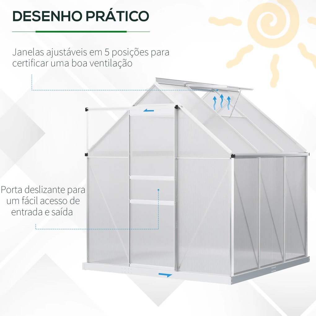 Outsunny Estufa de Jardim de Policarbonato e Alumínio Estufa de Exterior com Porta Corredeira e 2 Clarobóias para Cultivo de Plantas Sementes 190x190x200cm Transparente