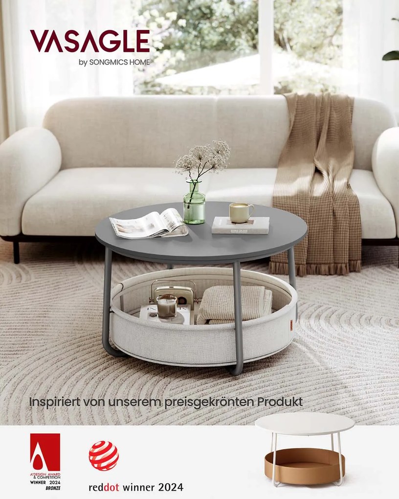 Mesa de centro redonda com cesto em tecido 75 x 45 cm cinzento + branco creme
