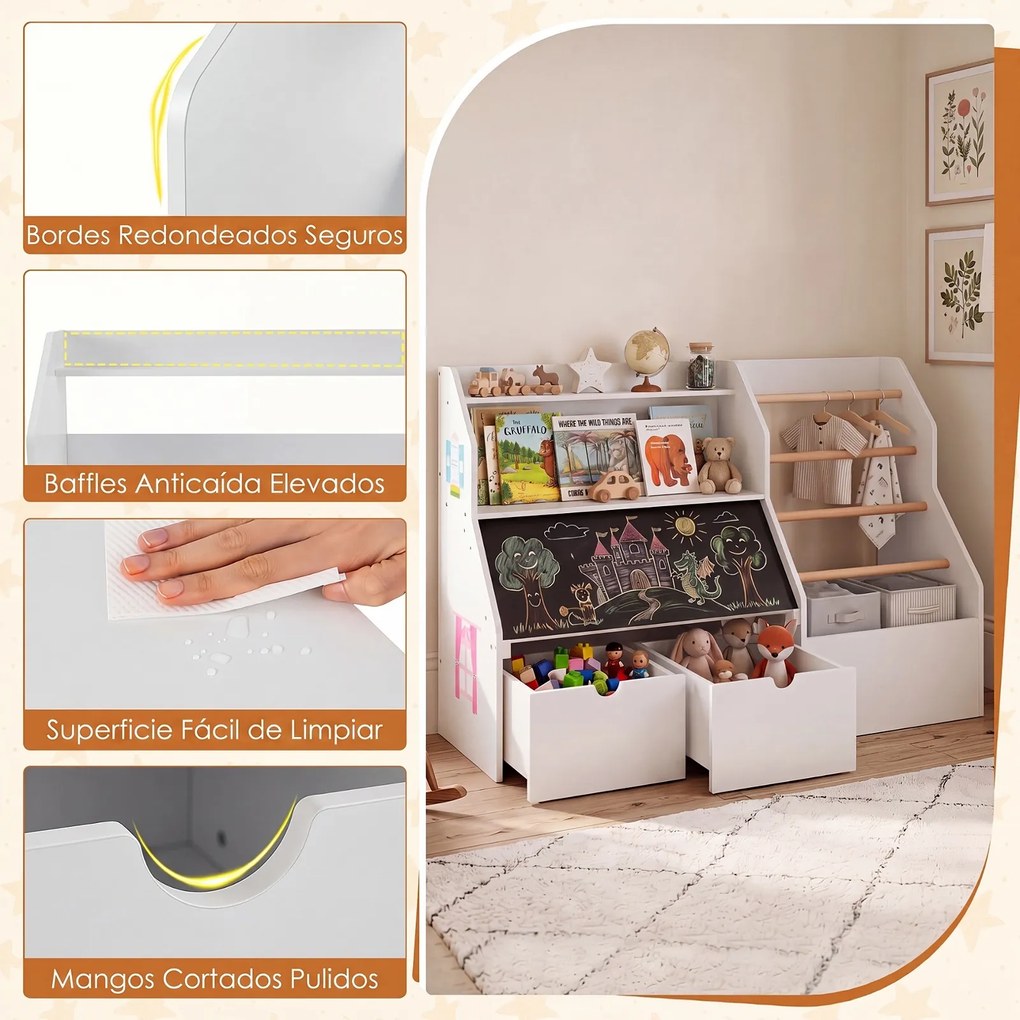 Estante Infantil para Brinquedos, 104 x 40 x 70 cm, com Quadro de Ardósia, Branco