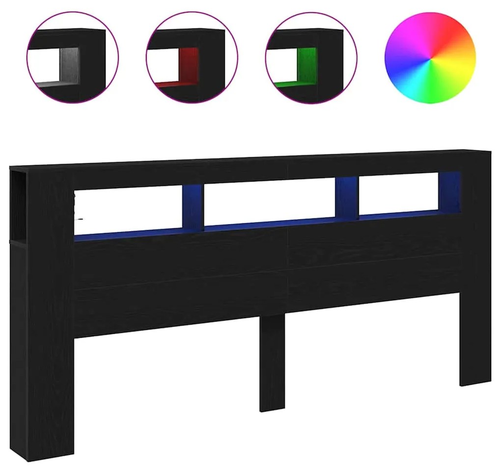 Cabeceira de Armazenamento vidaXL com Luzes LED Madeira Preta 220x18,5