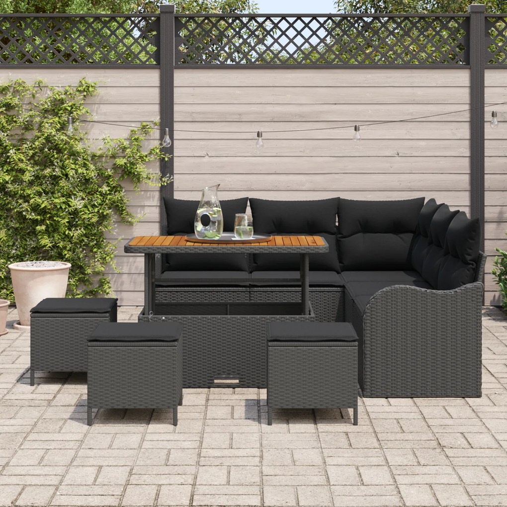 Conjunto de Sofá de Jardim vidaXL de 9 Peças com Almofadas Preto Polir