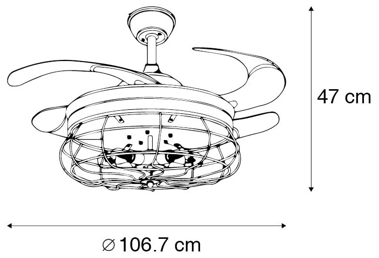 Ventilador de teto preto com pás retráteis 107cm 5-luzes com controle remoto - Gaiola Industrial