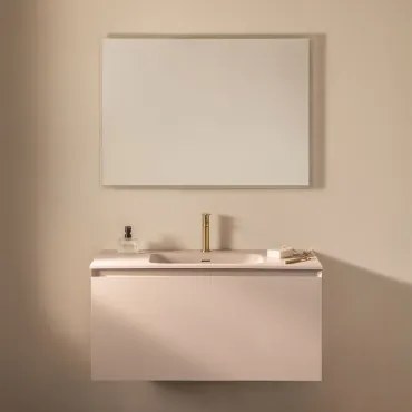Conjunto De Móvel De Casa De Banho Suspenso Em Madeira Com Lavatório Integrado Macrae Crema Linho & Led Retangular E Anti-embaciamento 100x70 Cm Riben