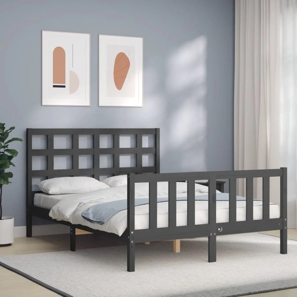 Estrutura de cama de casal c/ cabeceira madeira maciça cinzento