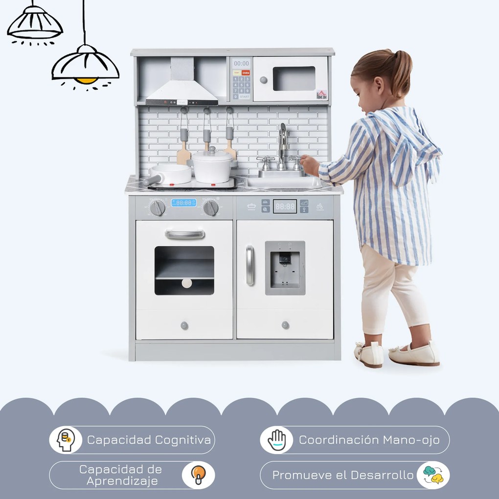 HOMCOM Cozinha Infantil de Madeira para Crianças acima de 3 Anos Cozinha de Madeira Infantil com Luz Sons Acessórios Utensílios Exaustor Lavatório e Microondas 60x29x84cm Cinza