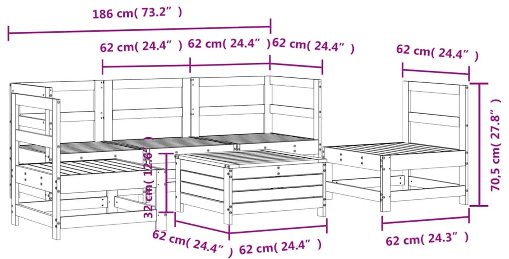6 pcs conjunto sofás de jardim madeira de pinho maciça