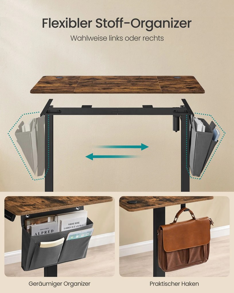 Secretária elétrica com altura ajustável 60 x 120 x (72-120) cm Castanho vintage-Preto