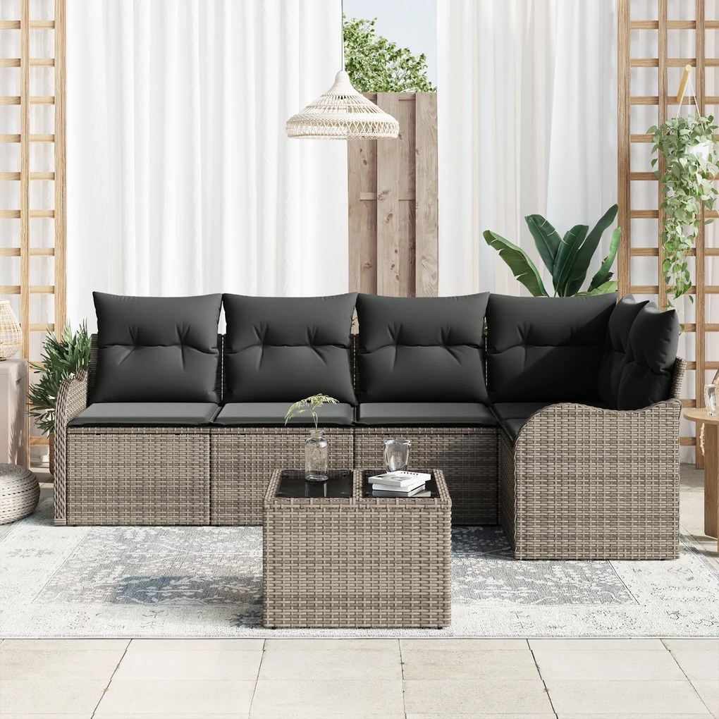Conjunto de Sofá de Jardim vidaXL 5 Peças com Almofadas Preto Poliratt