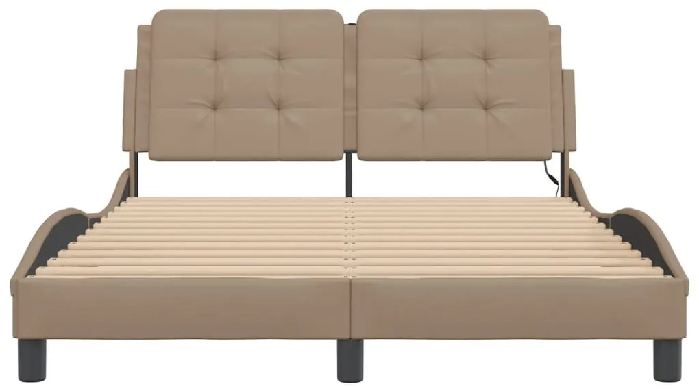 Estrutura cama c/ luzes LED 140x190 cm couro artif. cappuccino