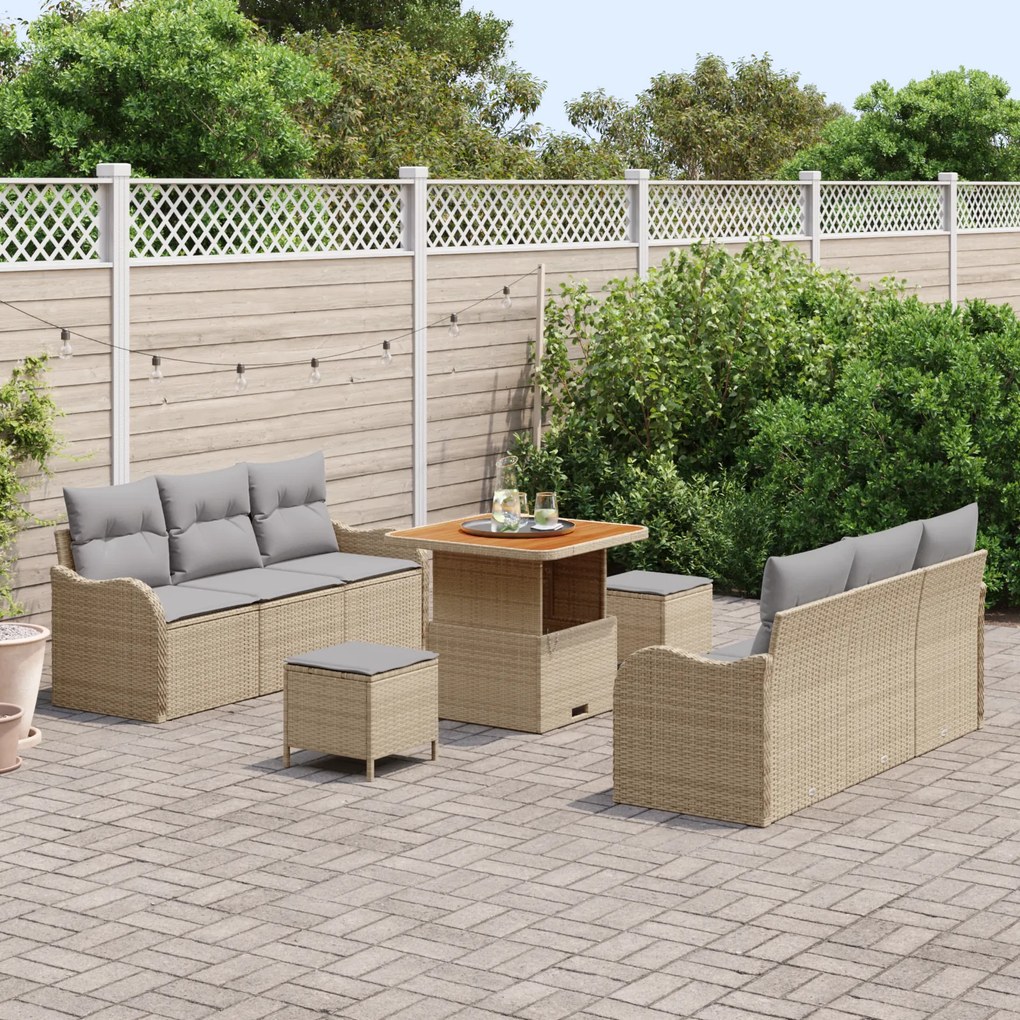 Conjunto de Sofá de Jardim vidaXL de 9 Peças com Almofadas Bege Poly R