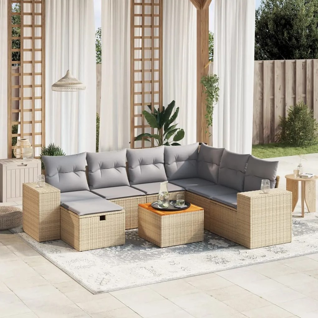 8 pcs conj. sofás jardim c/ almofadões vime PE bege misturado