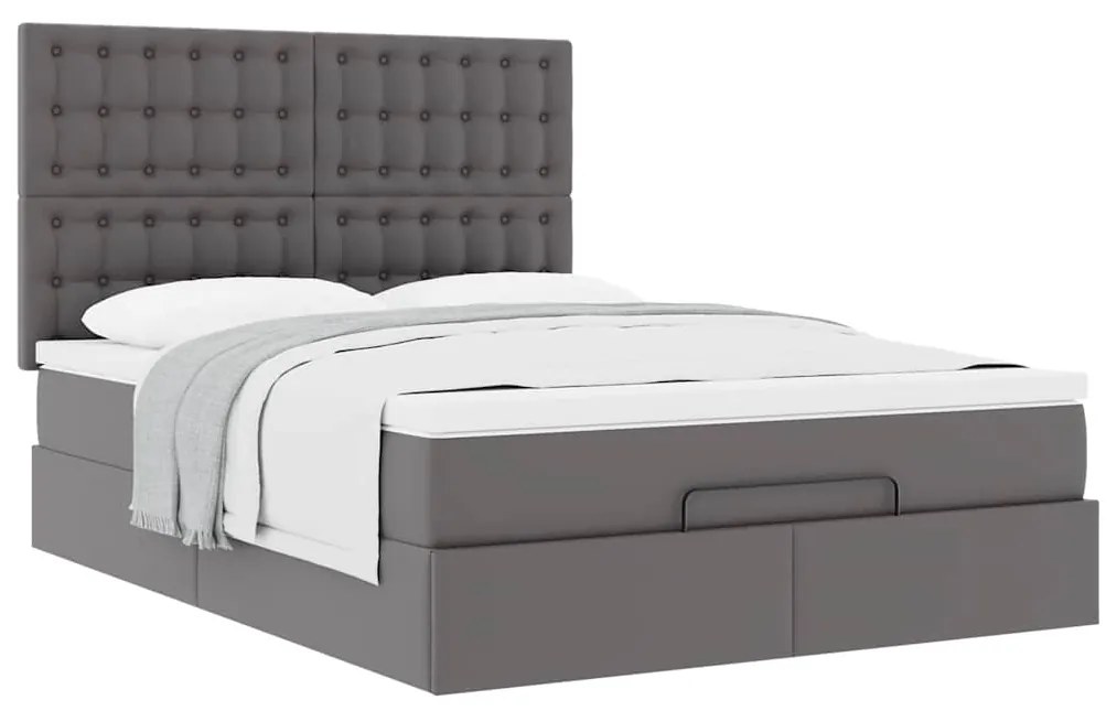 Estrutura de cama otomana com colchão cinza couro falso