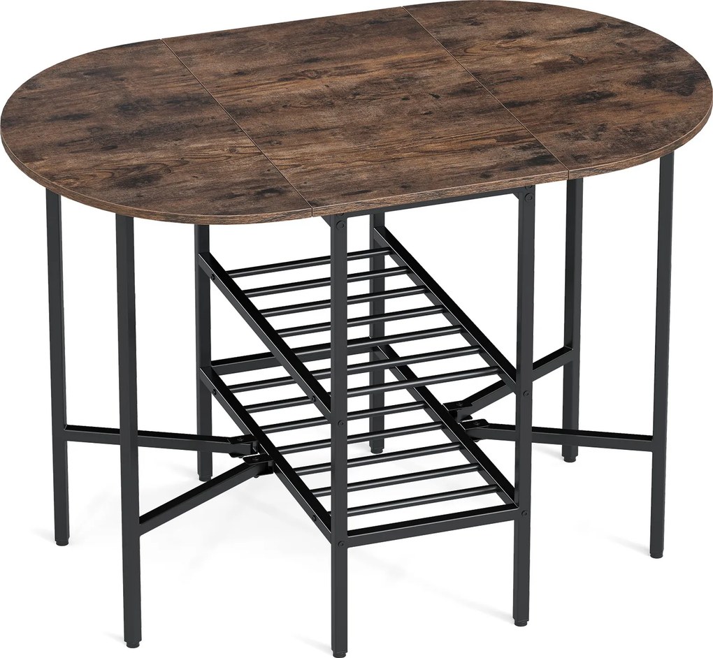 Mesa de jantar extensível e dobrável com 2 extensões rebatíveis 110 x 70 x 76 cm, 2 prateleiras de arrumação e Estrutura metálica para espaços pequeno