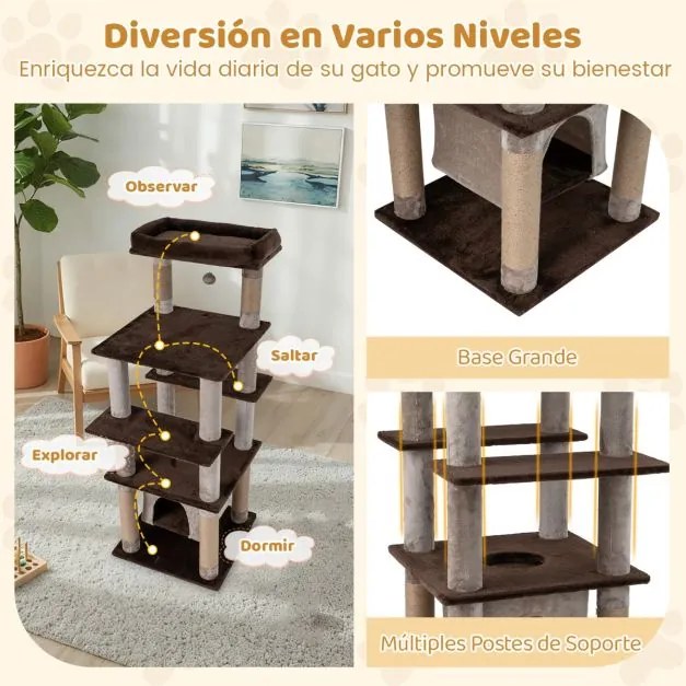 Arranhador Multinível para Gatos 148 cm com casa de Pelúcia Postes para Arranhar Buraco Pompom Castanho