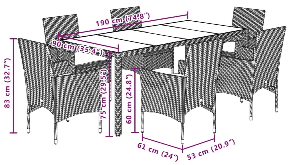 7pcs conj. jantar jardim + almofadões vime PE/vidro cinza claro