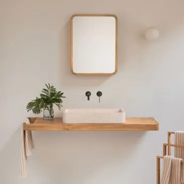Conjunto De Móvel De Casa De Banho 130x45 Cm Suspenso Em Madeira De Teca Neill Madeira De Teca & Preto Mate Embutido Com Válvula De Escoamento Sem Tra
