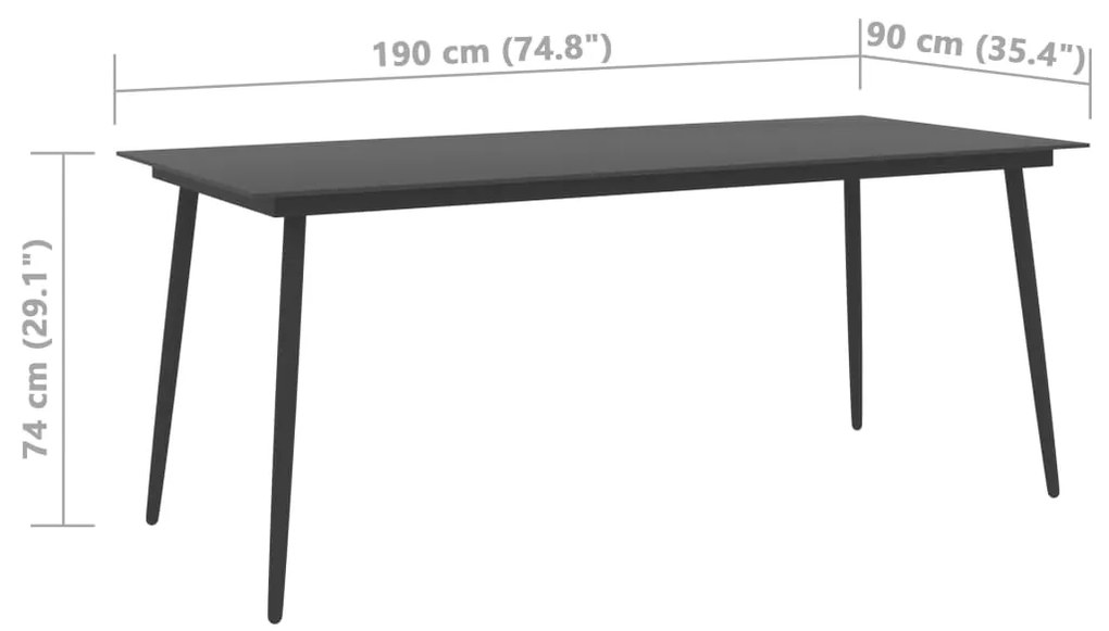 Mesa de jantar para jardim 190x90x74 cm aço e vidro preto