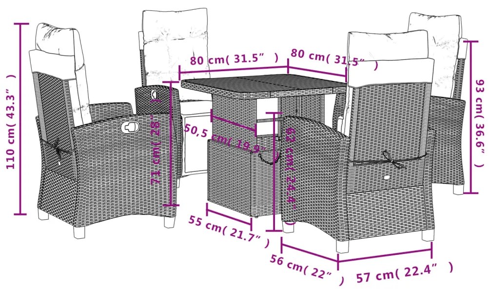 5 pcs conjunto de jantar p/ jardim com almofadões vime PE bege