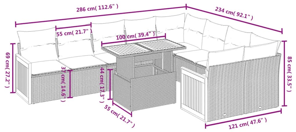 10 pcs conjunto de sofás p/ jardim com almofadões vime PE bege
