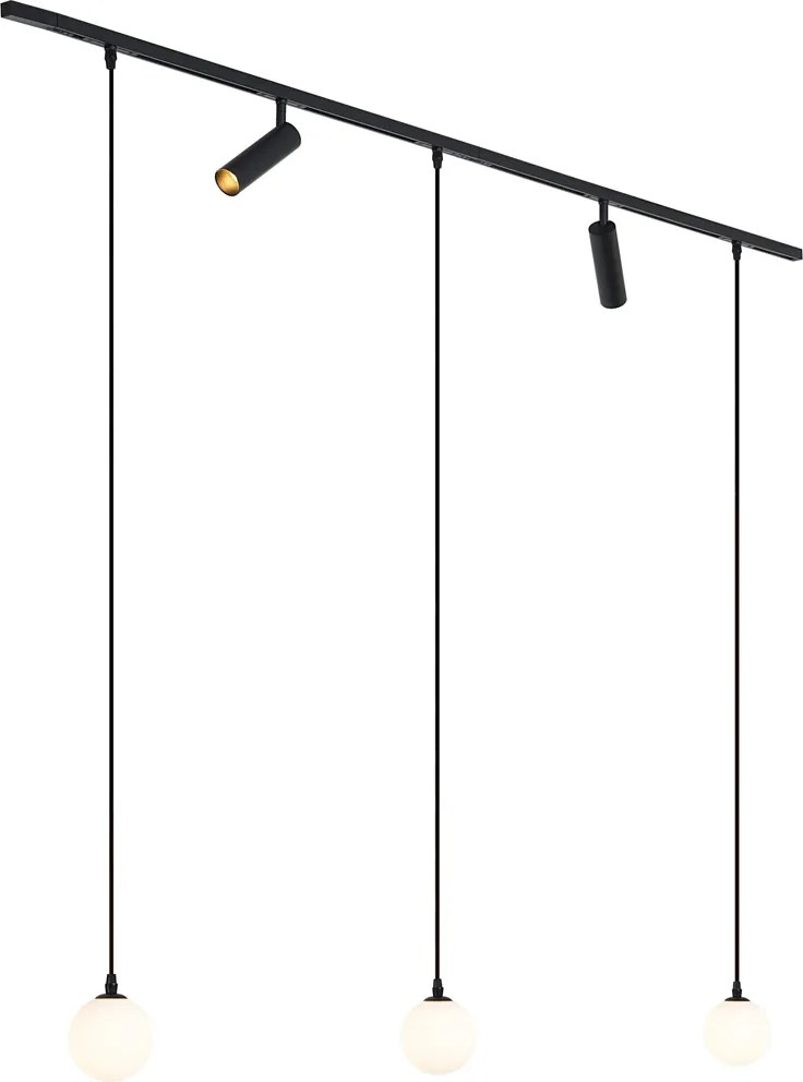 Sistema de calhas moderno preto com 2 focos e 3 candeeiros suspensos monofásicos - Slimline Uzzy Eira