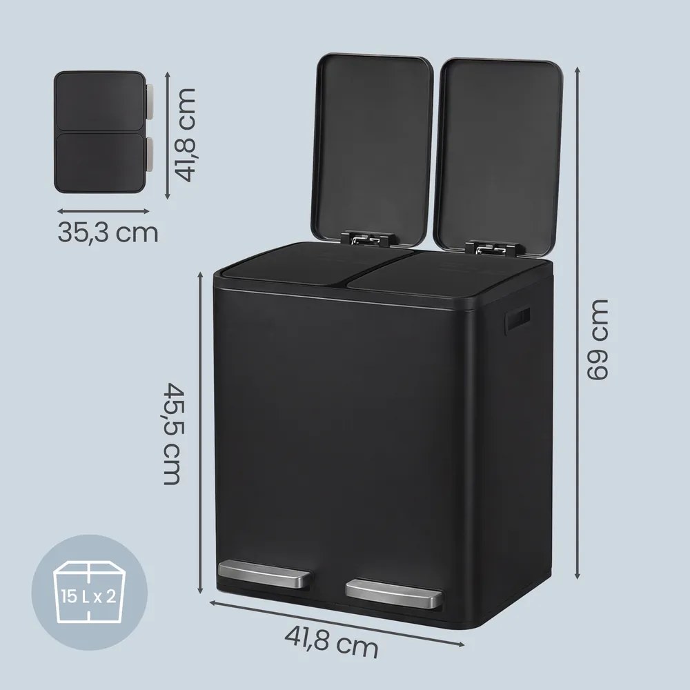 Caixote do lixo com 2 compartimentos, caixote do lixo de 2 x 15 L, 41,8 x 35,3 x 45,5 cm caixote do lixo com pedal e tampa com fecho suave preto