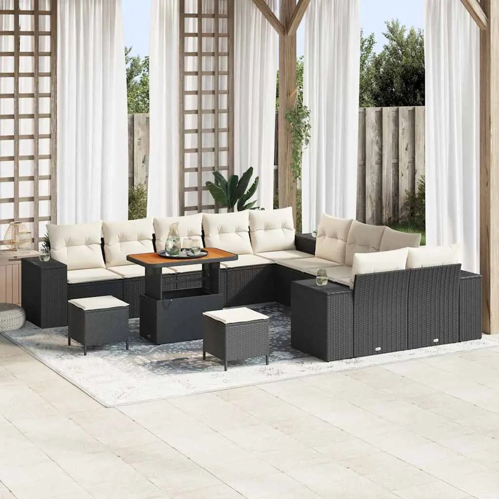 vidaXL Sofá pra Jardim com 13 Peças e Almofadas em Rattan Preto e Acácia