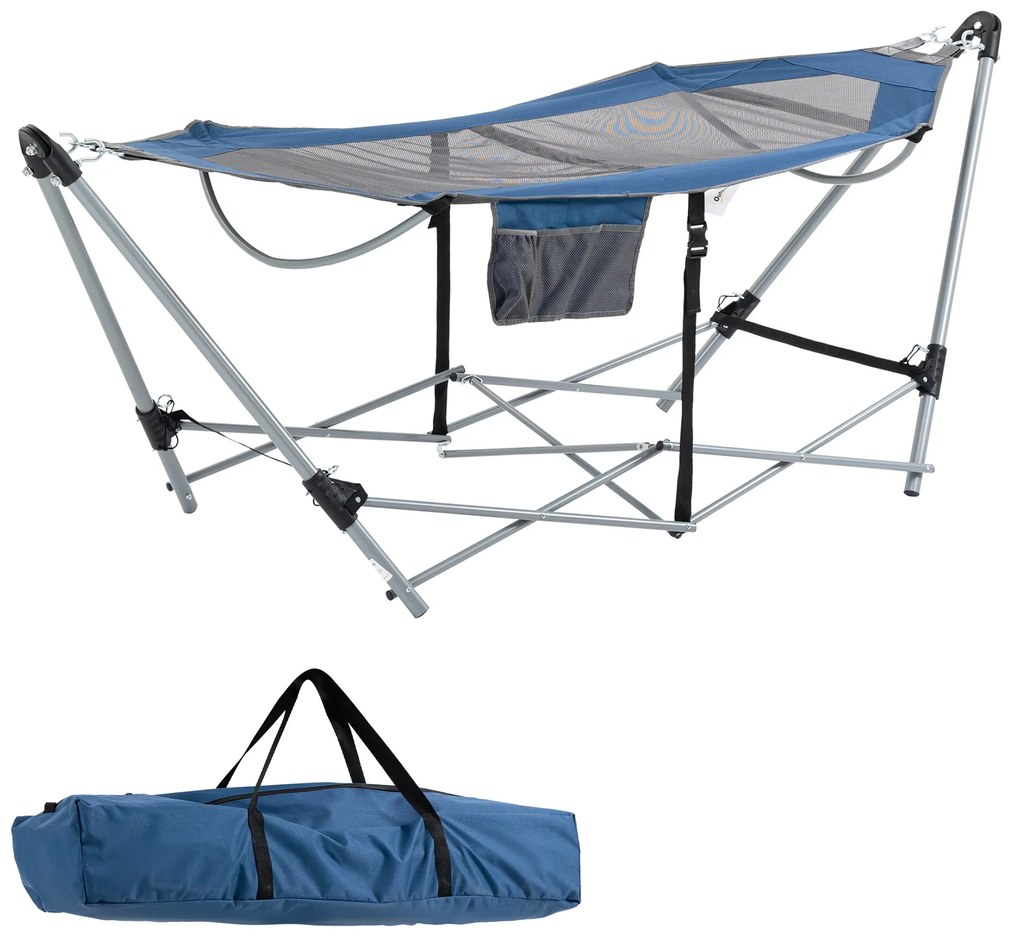 Outsunny Rede de Jardim com Suporte Dobrável com Cama de Tecido Oxford e Malha Respirável Bolso de Armazenagem e Bolsa de Transporte 235,5x82x90,5cm Azul e Prata