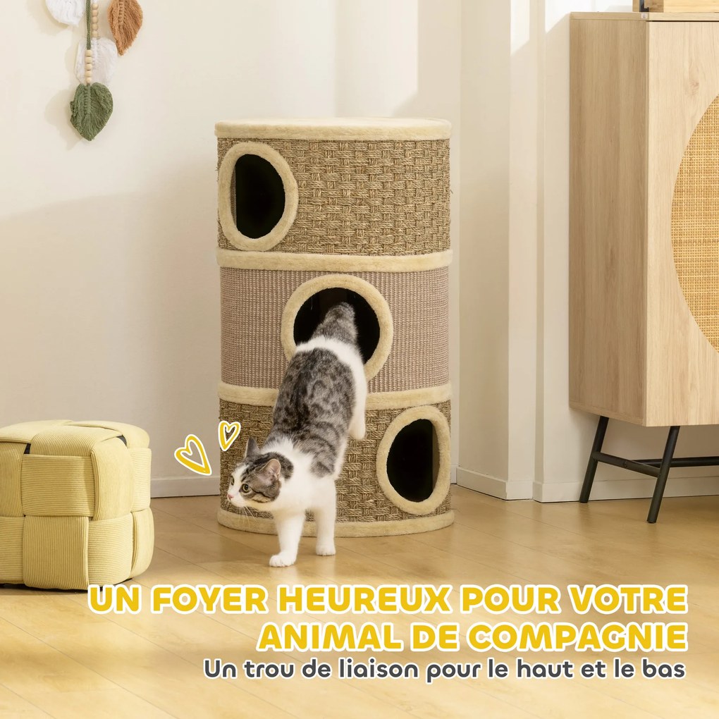 Barril para gatos arranharem - Árvore para gatos em sisal natural e algas marinhas, revestida a pelúcia - 45 x 45 x 79 cm - Cáqui e café
