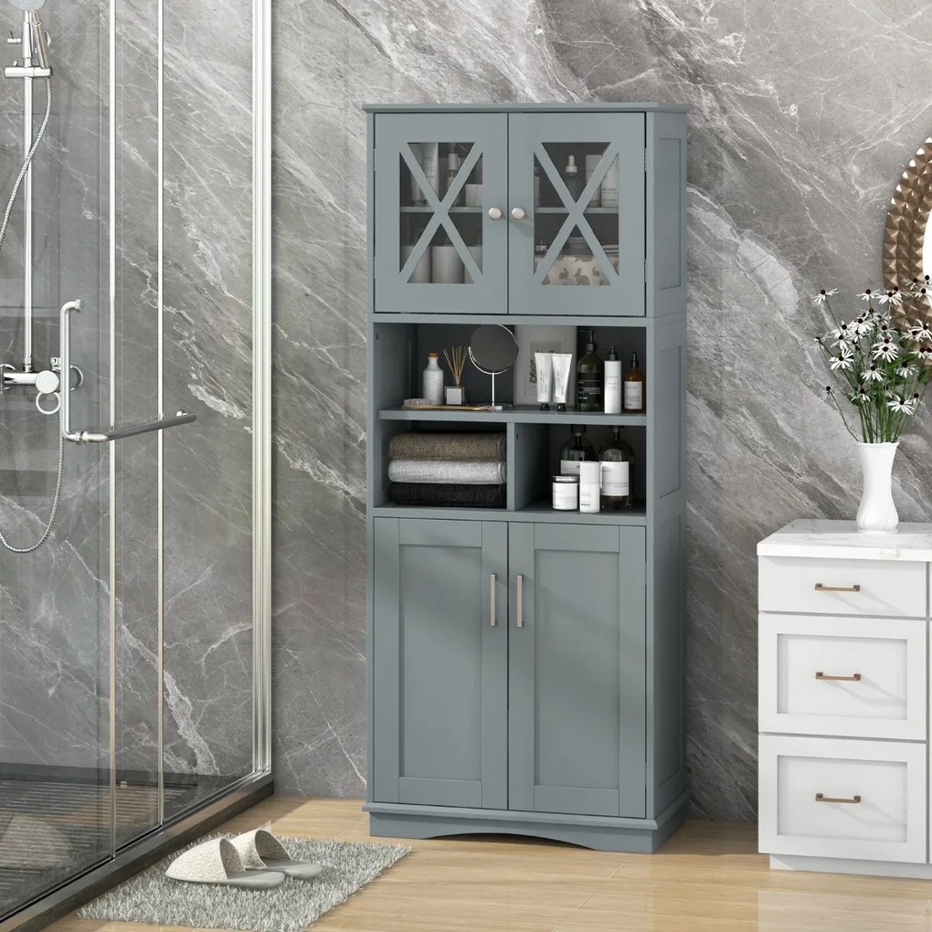 Armário multifuncional de casa de banho ou cozinha 60 x 30 x 145 cm com portas e 3 cubos e com estantes ajustáveis Cinzento