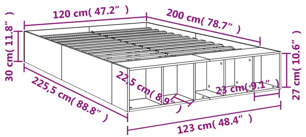 Estrutura de cama 120x200 cm derivados de madeira cinza sonoma