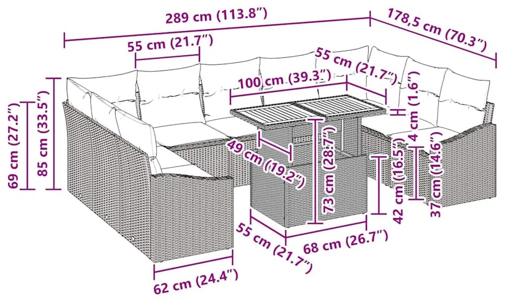 Conjunto de Jantar de Jardim com 10 Peças e Almofadas de Rattan Sintét