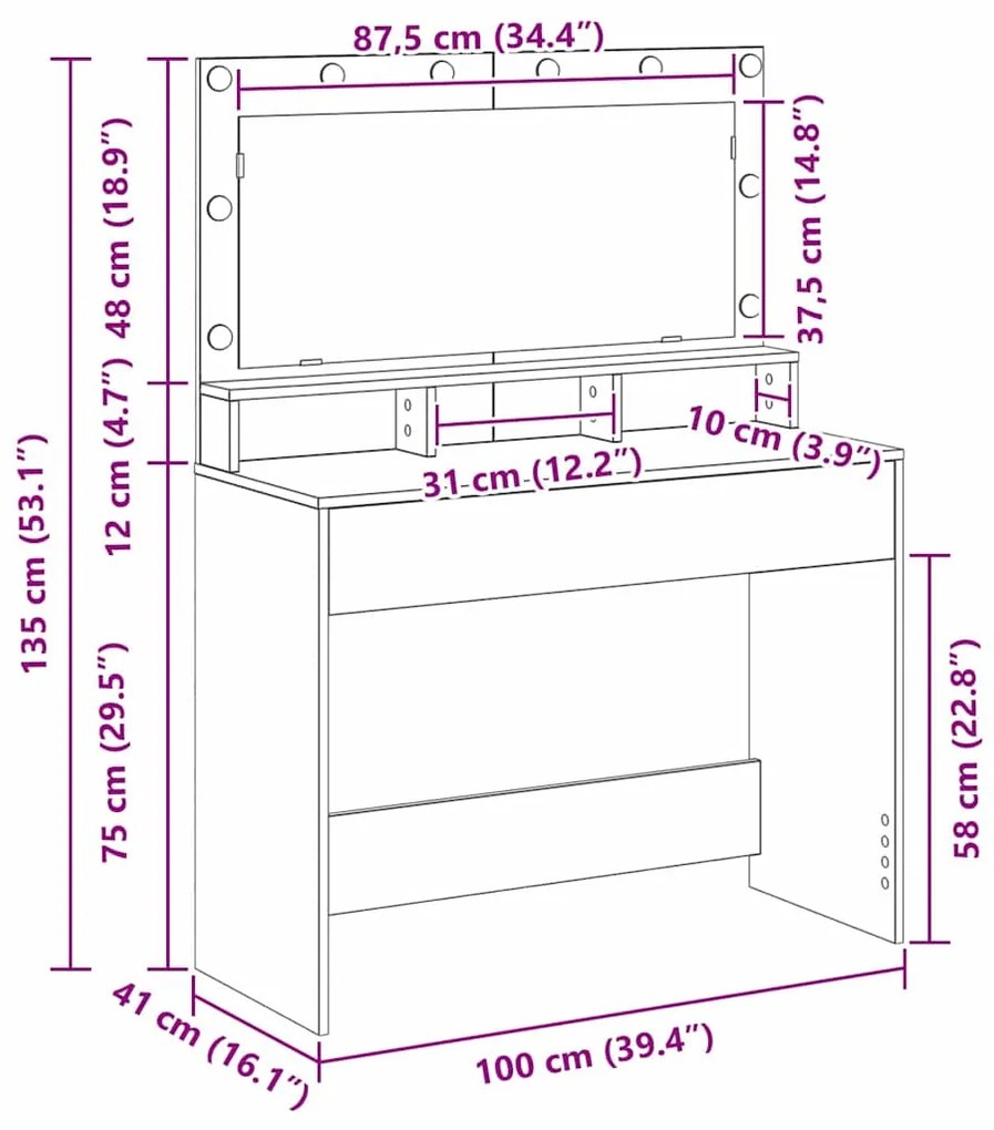 Mesa de Maquiagem vidaXL com Luzes LED Preta Carvalho 100x41x135 cm