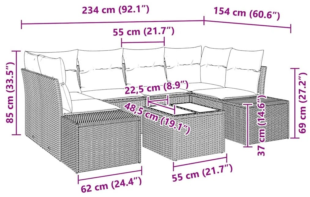 Conjunto de Sofá de Jardim 7 Peças com Almofadas Beje em Rattan de Pol