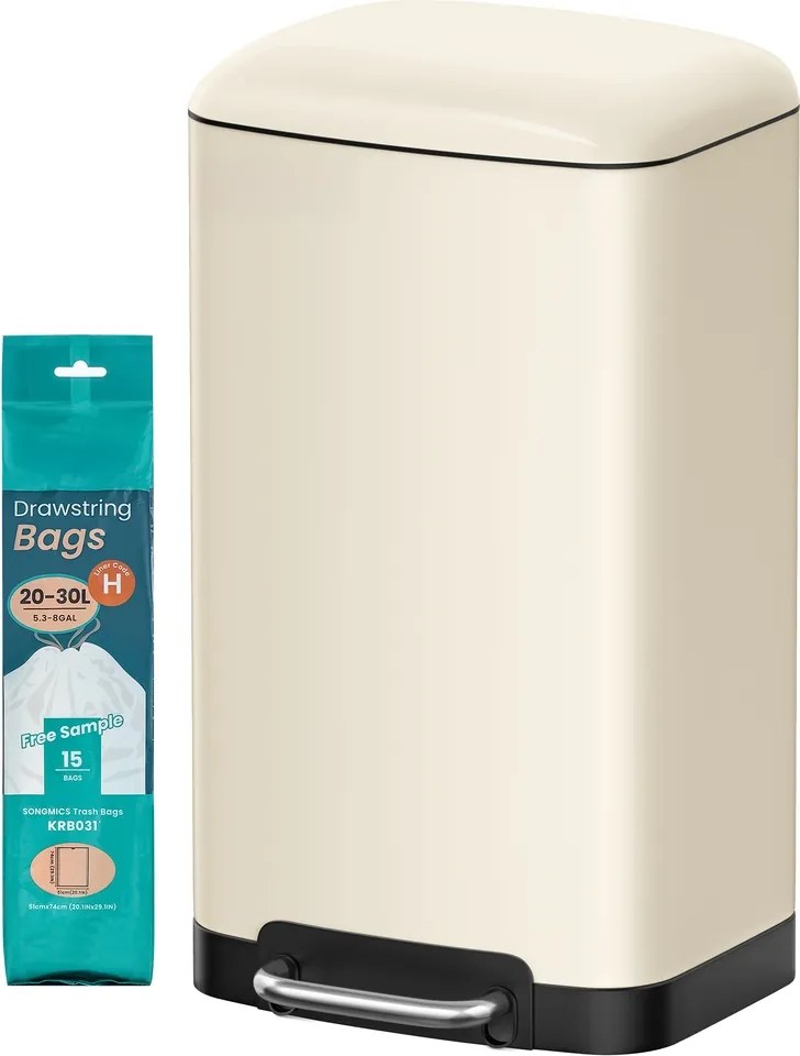 Caixote do lixo para cozinha 30L com pedal em aço 34,5 x 32,5 x 61,5 cm , tampa com fecho suave, caixote interior removível Creme