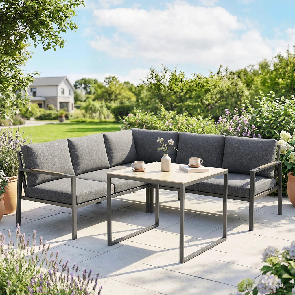 Conjunto de jardim de 3 peças para 5 pessoas, 2 sofás com almofadas grossas, 1 mesa de centro, 183 x 183 x 72 cm, cinzento escuro