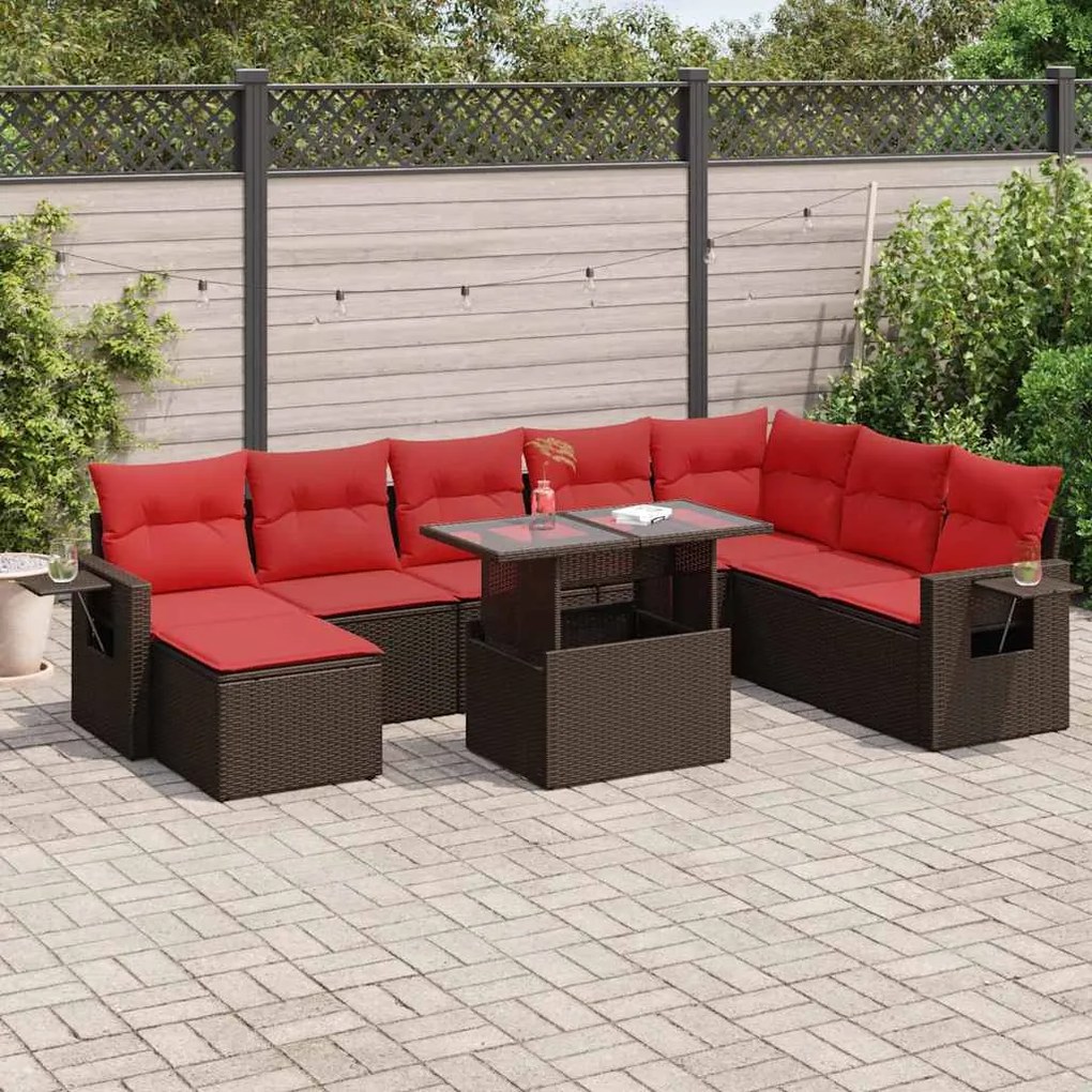 9 pcs conj. sofás jardim c/ almofadões vime PE/acácia castanho