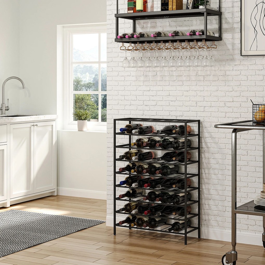 Garrafeira, Estante para garrafas de vinho com capacidade para 54 garrafas, dimensões: 63 x 25 x 91 cm, metal preto