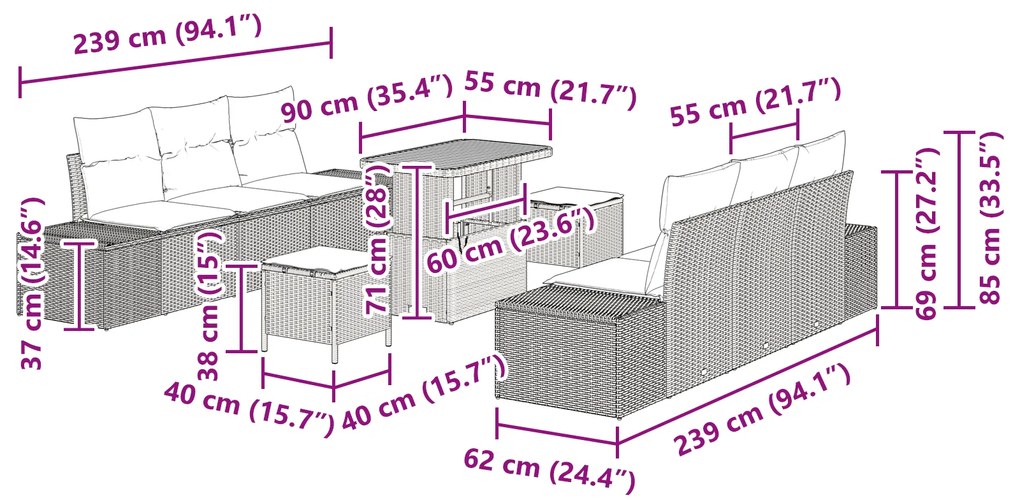 Conjunto de Sofás para Jardim vidaXL de 9 Peças com Almofadas Cinza Ra