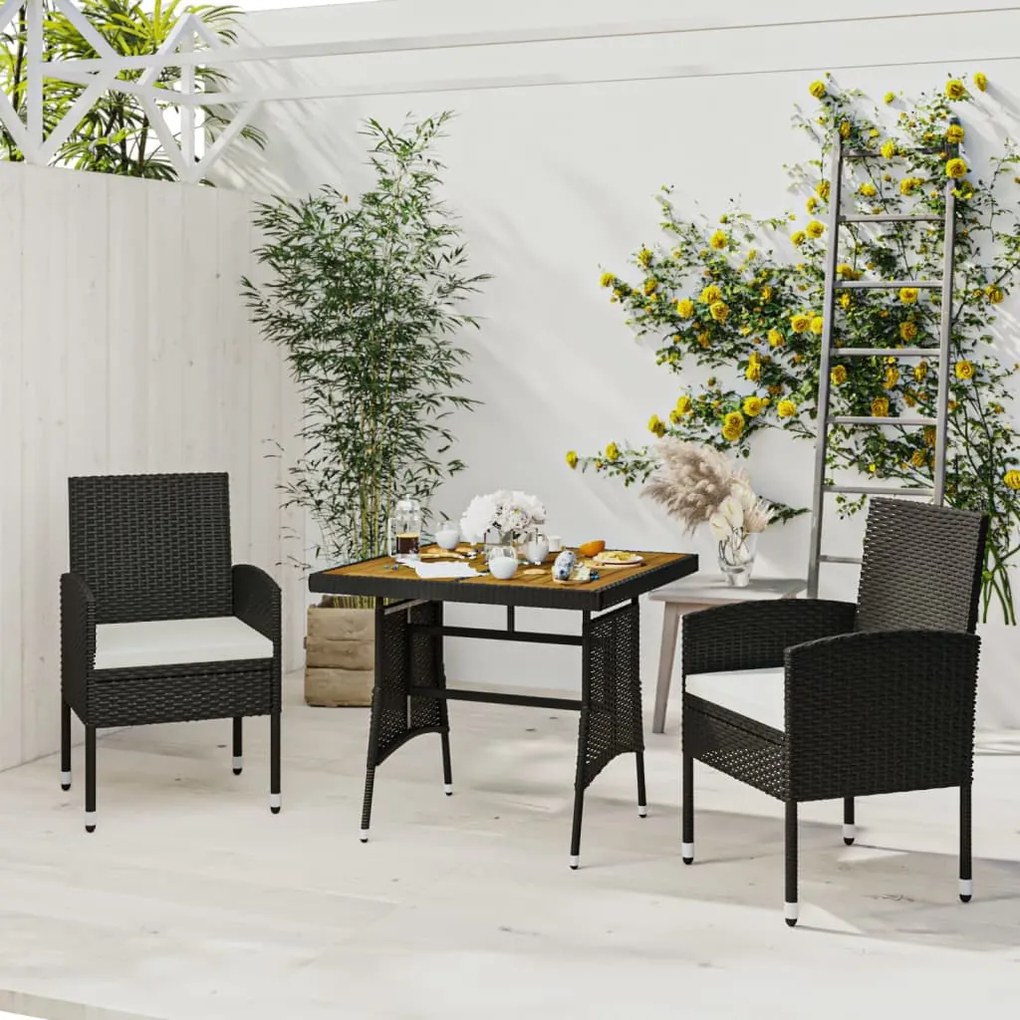 vidaXL 3 pcs Conjunto de jantar p/ exterior vime PE preto