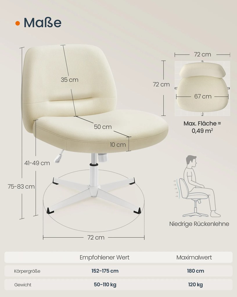 Cadeira de escritório, cadeira toucador com assento largo e base em cruz branco creme